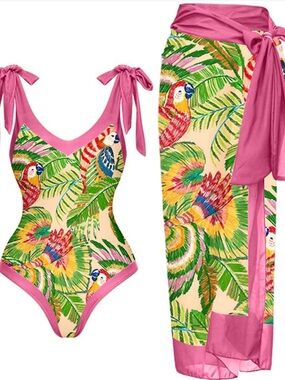 Pink Parrot Printed Swimwear Two Piece Set